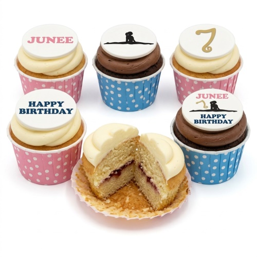 Gymnastics themed birthday cupcakes with custom age and personalised name toppers.