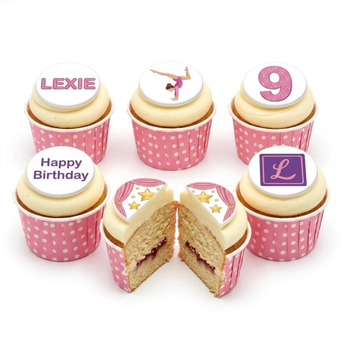Gymnastics themed cupcakes with a gymnast, stage curtains, custom age, and name toppers in pink and white.