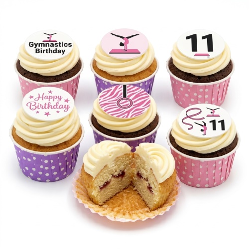 Assorted gymnastics themed birthday cupcakes with white frosting, pink and purple wrappers, and custom age topper.