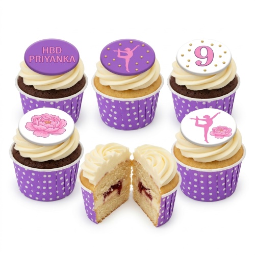 Six cupcakes with purple polka dot wrappers, white icing, and purple/white toppers with pink gymnast, flower, and custom age.