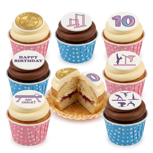 Assortment of gymnastics themed birthday cupcakes with edible toppers featuring equipment and custom age.