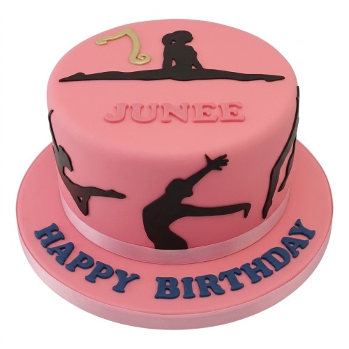 Pink round birthday cake with black gymnast silhouettes and a custom age topper.