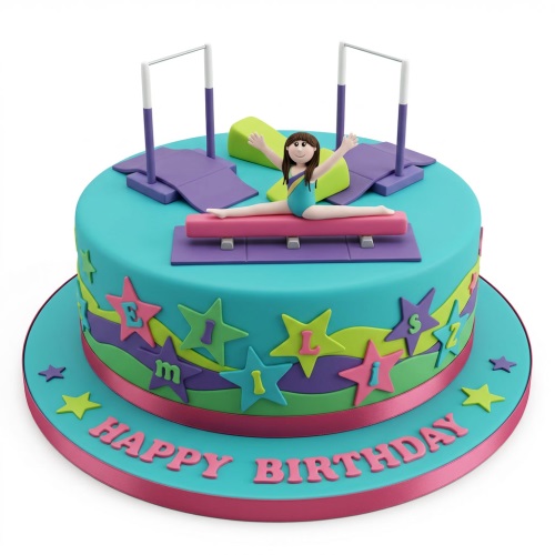 Turquoise gymnastics birthday cake with a female gymnast, balance beam, uneven bars, and star decorations.