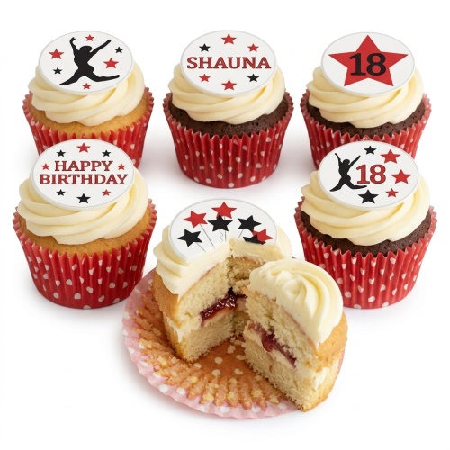 Six cupcakes with red polka dot wrappers and white icing. Toppers feature red and black stars, a jumping silhouette, 'Happy Birthday', 'Shauna', and '18'.