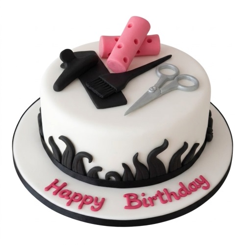 Round white fondant cake decorated with pink hair rollers, silver scissors, black hair clip, and brush, with 'Happy Birthday' in pink.