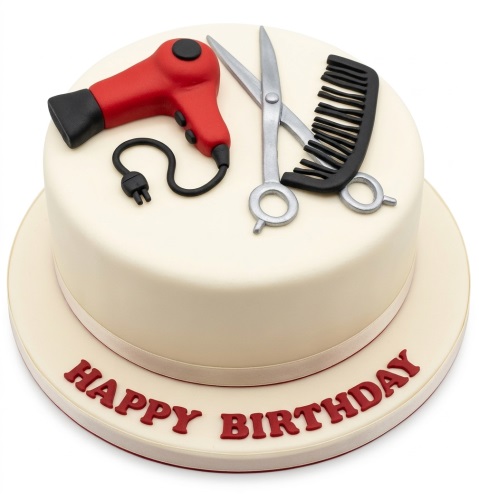Single-tier birthday cake with red hairdryer, silver scissors, and black comb decorations.