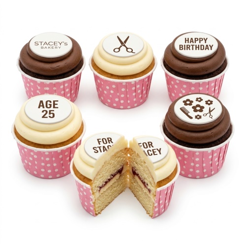 Hairdressing theme birthday cupcakes with scissors, comb, and custom age toppers in pink cases.