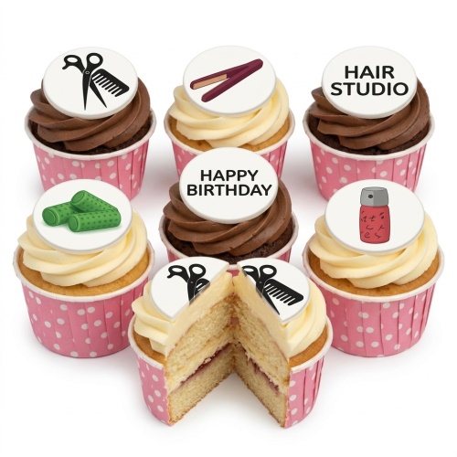 Cupcakes with white and chocolate frosting, decorated with hairdressing tools and "Happy Birthday" toppers in pink polka dot cases.