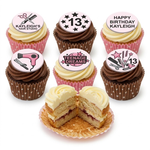 Cupcakes with pink and black hairdressing tool toppers, stars, and custom age/message examples.