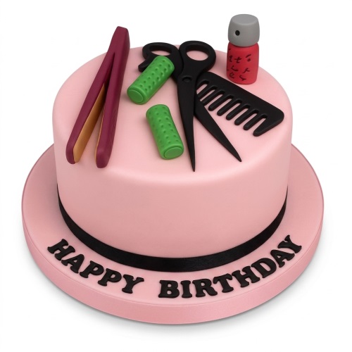 Pink round birthday cake with edible hairdressing tools like scissors, comb, straighteners, curlers, and hairspray.