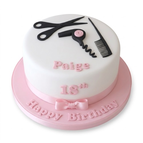 Round white cake with black fondant scissors, hairdryer, comb, pink ribbon and bow, custom age and name.