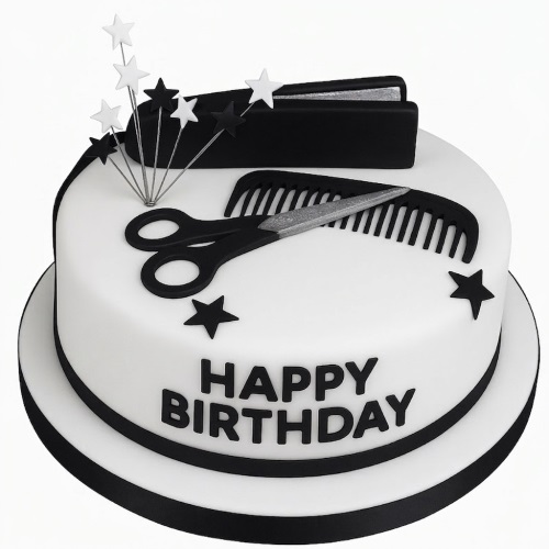 Round white birthday cake decorated with black scissors, comb, hair straighteners, and black and white stars. Features 'Happy Birthday' message.