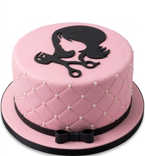 Pink round cake with black hairdresser silhouette, scissors, quilted pattern, and pearl beads.