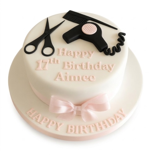 White round birthday cake with black scissors, comb, hairdryer, pink bow, and custom age.