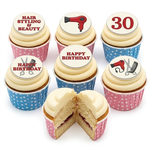 Birthday cupcakes with hairdresser tools, 'Hair Styling & Beauty' message, 'Happy Birthday' message, and a custom age topper.