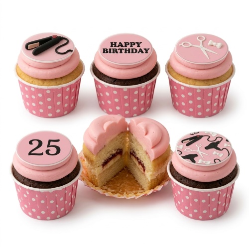 Pink cupcakes with hairdresser tools, 'Happy Birthday' message, and custom age '25' toppers.