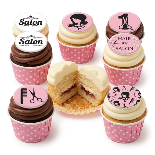 Hairdresser themed cupcakes with salon logos, scissors, combs, and a custom age topper.