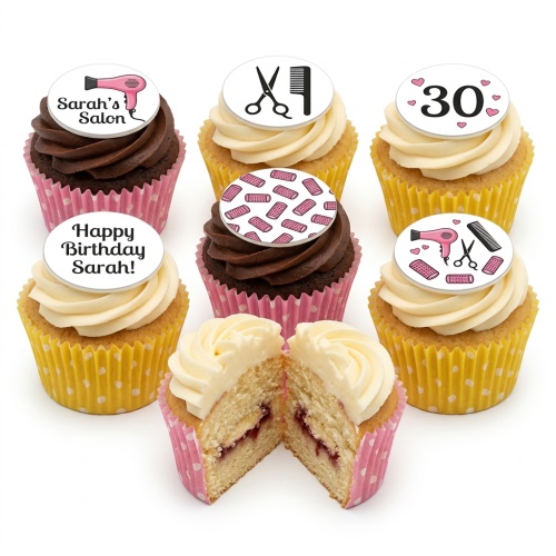 Hairdressing themed birthday cupcakes with salon tools, hair rollers, and custom age topper.