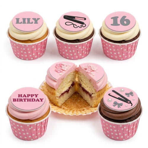Pink and cream cupcakes with beauty and hair styling themed toppers, including a hair straightener, bows, and pearls.