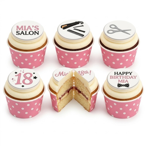 Six vanilla cupcakes with white frosting and salon-themed edible toppers in pink polka dot cases.