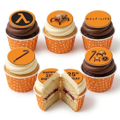 Half-Life themed cupcakes with Lambda logo, Headcrab, and crowbar toppers on chocolate and vanilla cupcakes with orange polka dot cases.