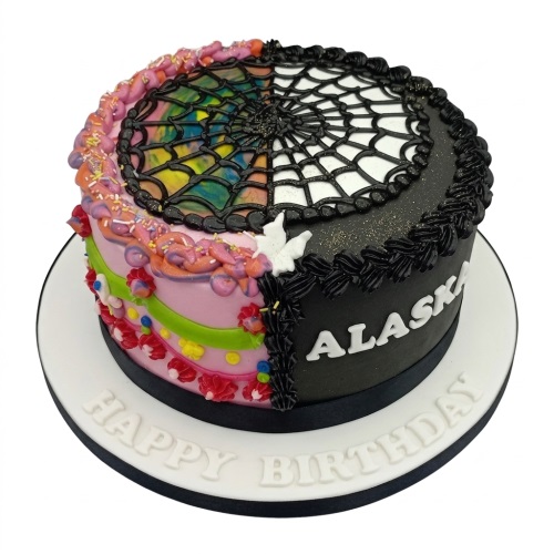 Round split design birthday cake with black spiderweb and colourful side, personalised name 'Alaska' and 'Happy Birthday' message.