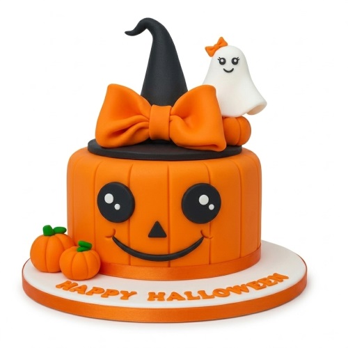 Orange pumpkin Halloween cake with witch hat, ghost, and small pumpkins.