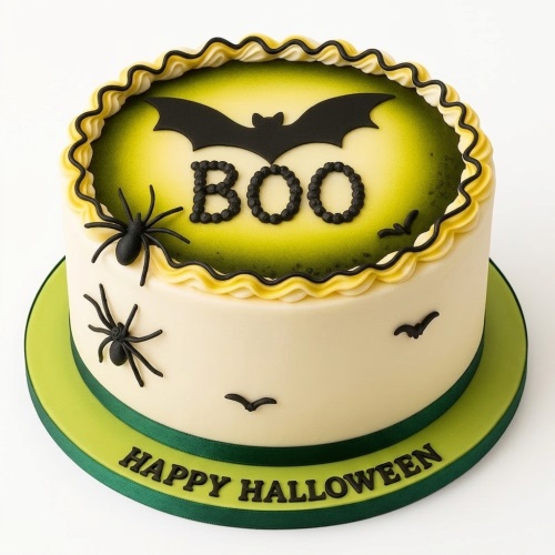 Round Halloween cake with green and black bats, spiders, and 'BOO' text on top.