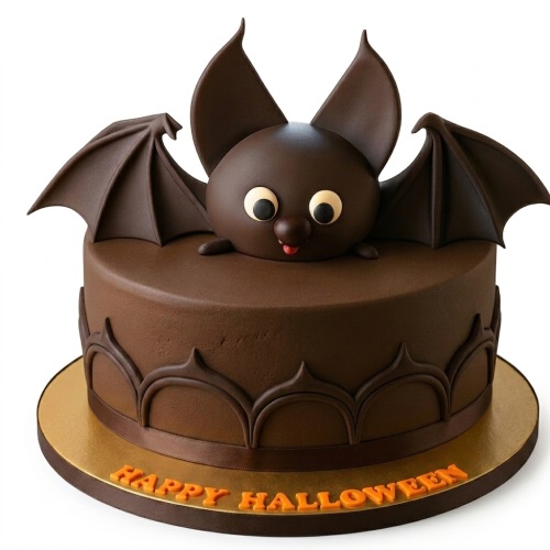 Round dark brown cake with a cute 3D bat topper and 'Happy Halloween' message on a gold board.