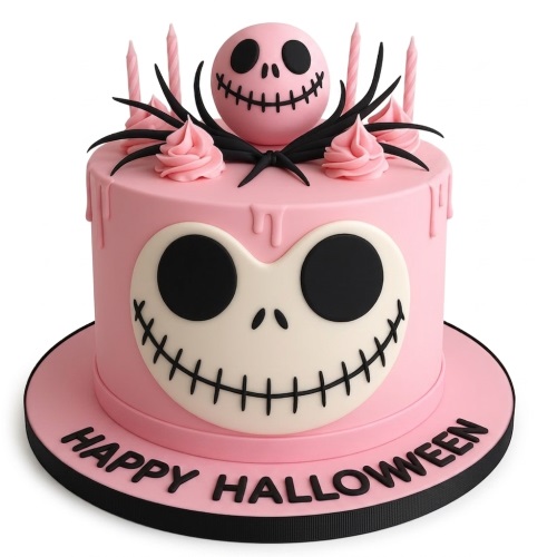 Pink Halloween cake with Jack Skellington face, 3D Jack head, pink drip, and "Happy Halloween" message.