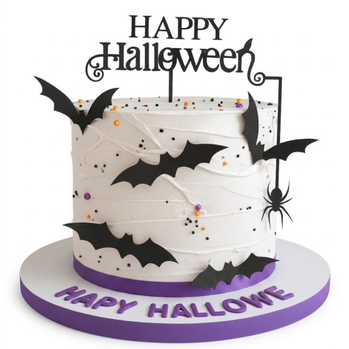 White Halloween cake with black bat decorations, a spider, and 'Happy Halloween' topper.