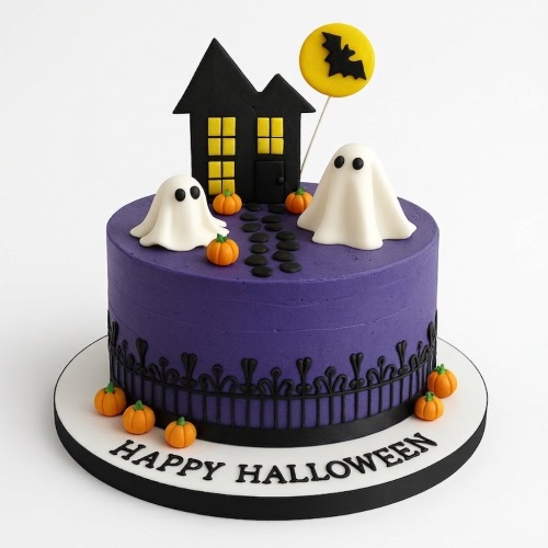 Purple Halloween cake with black haunted house, white ghosts, orange pumpkins, and a bat topper.