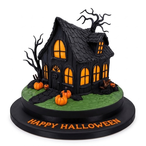 A black 3D haunted house cake with orange windows, bare trees, and pumpkins, on a green and black base with 'Happy Halloween' text.