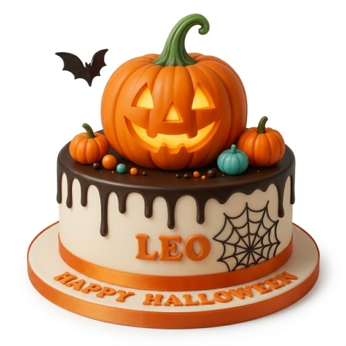 Round white Halloween cake with orange jack-o'-lantern, small pumpkins, chocolate drip, spiderweb, and bat.