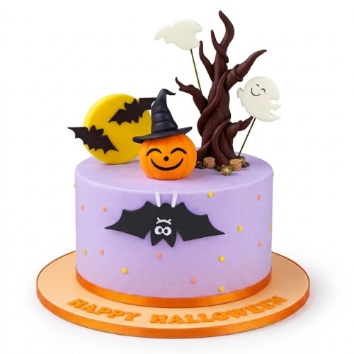 Round lavender Halloween cake with orange pumpkin, witch hat, bats, ghosts, spooky tree, and 'Happy Halloween' message.