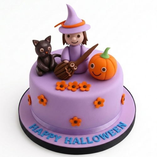 Round purple Halloween cake with fondant witch, black cat, and smiling pumpkin