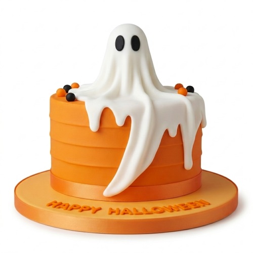 Round orange Halloween cake with a white ghost figure and "Happy Halloween" message on the board.