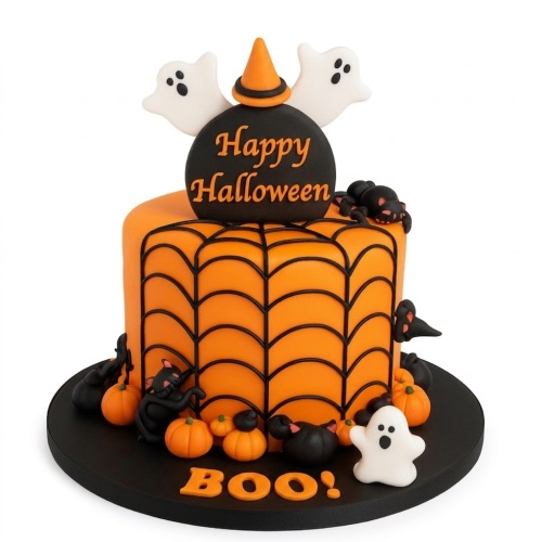 Orange Halloween cake with black spiderwebs, ghosts, pumpkins, spiders, and 'Happy Halloween' message.