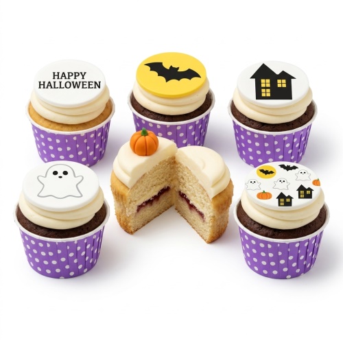 Assortment of Halloween cupcakes with ghost, bat, haunted house, and pumpkin toppers.