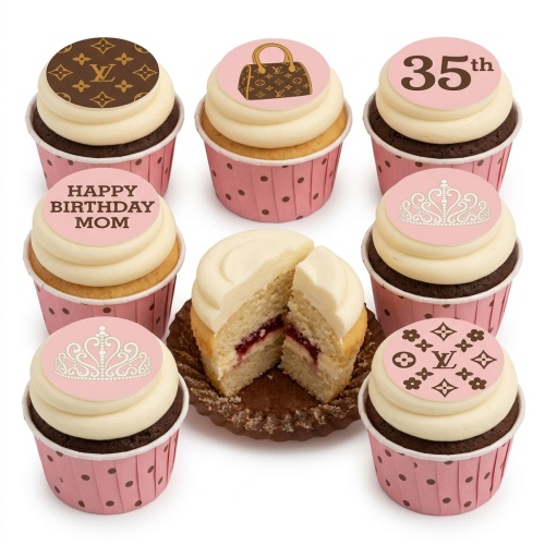 Designer inspired cupcakes with LV style monogram, handbag, tiara, and custom age topper.