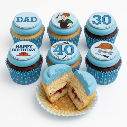 Builder theme birthday cupcakes with tool and character toppers, blue frosting, and custom age option.