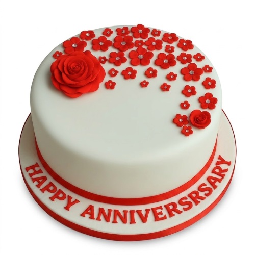 White anniversary cake with red fondant flowers, a large red rose, and "Happy Anniversary" message.