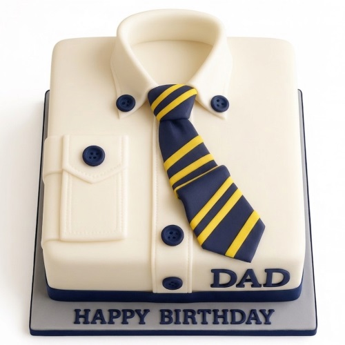 White shirt cake with blue and yellow striped tie, blue buttons, and 'Happy Birthday' message.