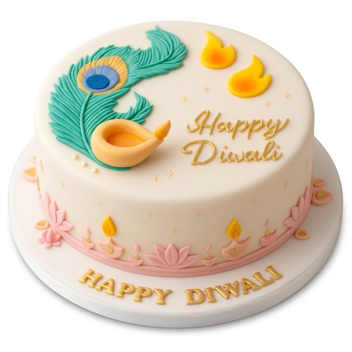 Round white Diwali cake with peacock feather, diyas, lotus flowers, and "Happy Diwali" text.