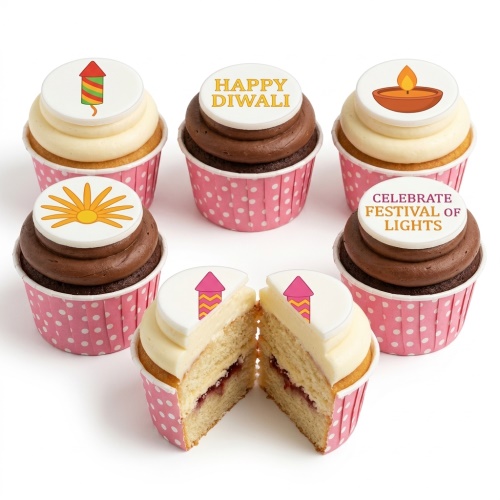 Diwali cupcakes with firecracker, diya, and sun toppers, featuring 'Happy Diwali' and 'Celebrate Festival of Lights' messages.