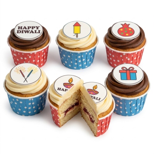 Festive Diwali cupcakes with "Happy Diwali" toppers, diyas, firecrackers, sparklers, and gift designs.
