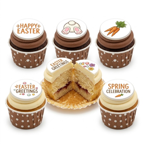 Selection of Easter themed cupcakes with 'Happy Easter', bunny, carrots, and 'Spring Celebration' toppers.
