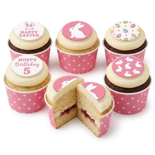Cupcakes with pink polka dot wrappers, white frosting, and edible bunny and Easter egg toppers.