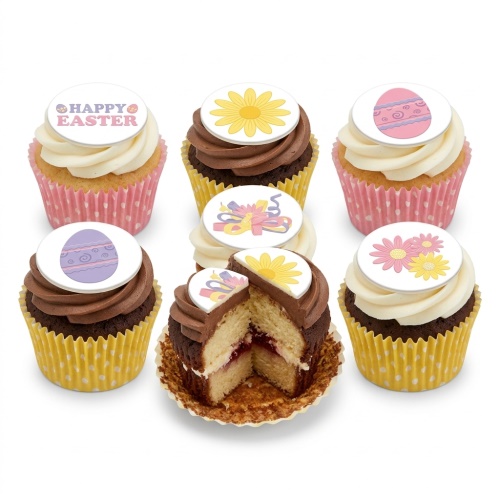 A set of six Easter cupcakes with white and chocolate frosting, decorated with edible toppers of 'Happy Easter' message, Easter eggs, flowers, and ribbons, in pink and yellow polka dot wrappers.