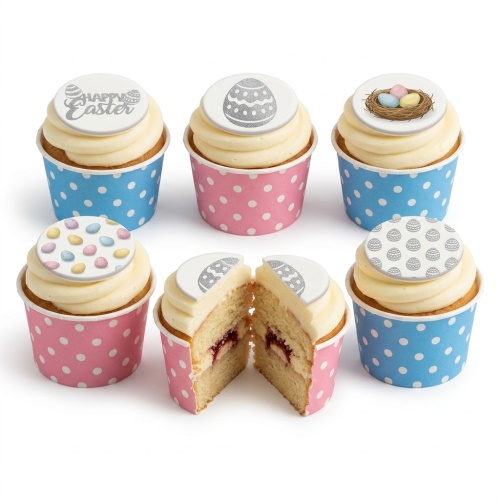 Six cupcakes with white frosting and Easter themed toppers, in pink and blue polka dot cases.